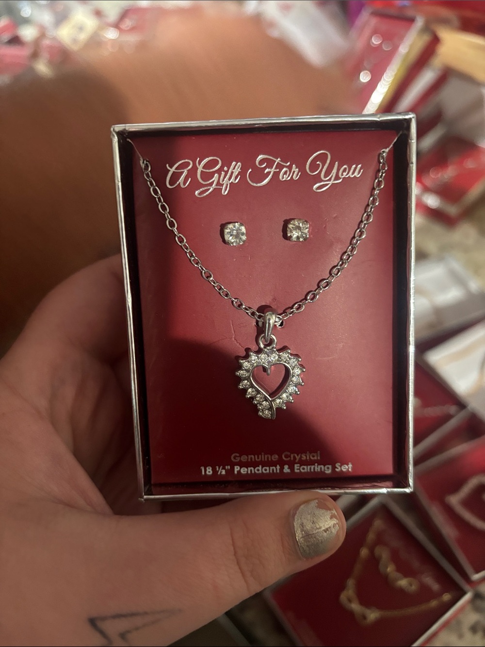 Heart Pendant Necklace and Stud Earrings - Silver Tone with Clear Crystals